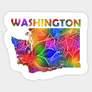 Colorful mandala art map of Washington with text in multicolor pattern Sticker